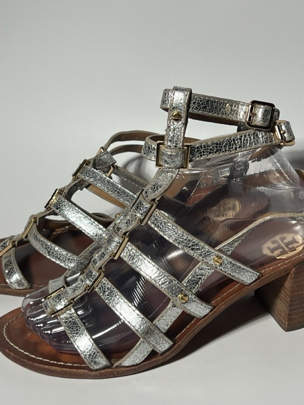 Tory Burch Reggie Silver Metallic Leather Gladiator Sandals Size 8M